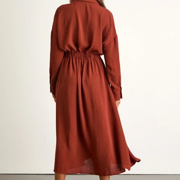 Lulus Timeless Class Rust Collared Button-up Pleated Midi Dress Rust size S - Picture 3 of 3